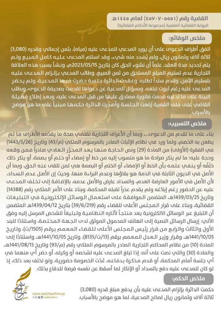 السابقة القضائية الثانية القضية رقم  ٤٥٧٠٧٠٥٥٥١ لعام 1445هـ
